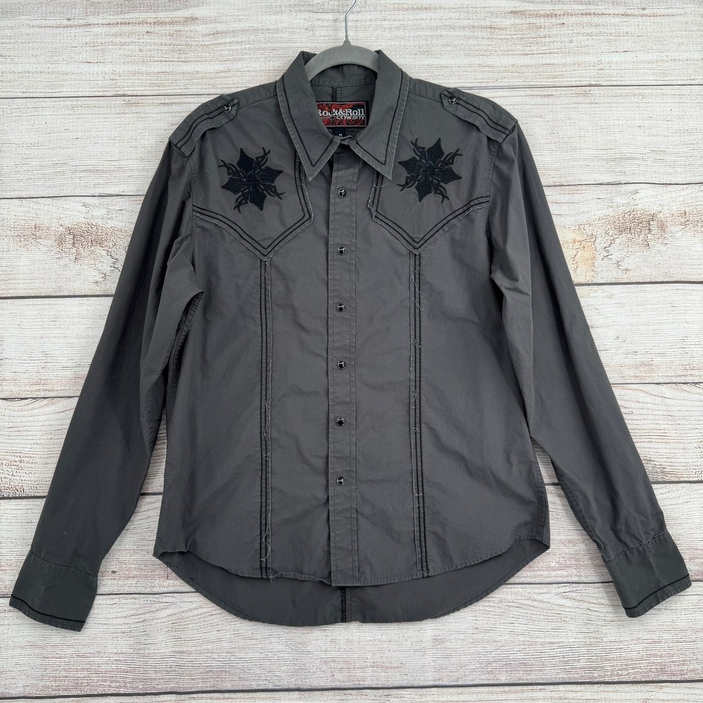 Rock & Roll Cowboy Shirt Mens Medium Gray Tribal Embroidered Western Pearl Snap